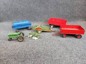 Vintage Stamped Steel  Cast Aluminum Farm Toys - John Deere Spreader, Flare Wagon, 3-Bottom Plow, Cast Aluminum Oliver and More