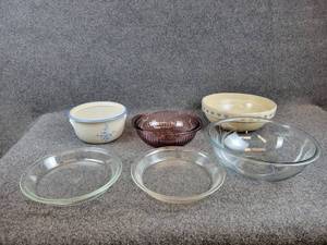 Pyrex Pie Plates, Large Pyrex Clear Bowl, Purple Pyrex Dish, Red Wing Stoneware and  More