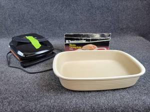 Pampered Chef Stoneware 9x13 Pan, George Foreman Grill and Electric Knife