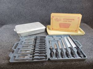 Pampered Chef Stoneware 11x16 Pan and Loaf Pan, Knife Set and Aluminum Cake Pan w Lid
