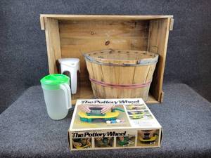 Decorative Wood Crate (28 x 21 x 13), Apple Basket, RONCO Pottery Wheel and Pitchers