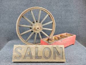 Antique Steel  Wood Wheel, Crate and More
