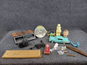 Vintage Alarm Radio, 57 Chevy Phone, Pocket Knives, Antique Doll Head and More