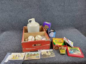 Vintage Coca-Cola Crate, Stoneware Jug, 64 Crayola Crayons, Postcards and More
