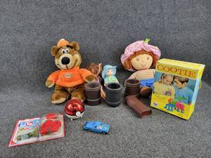 Dice Shaking Cups, A&W Bear, Strawberry Shortcake Doll, Vintage Cootie Game and More