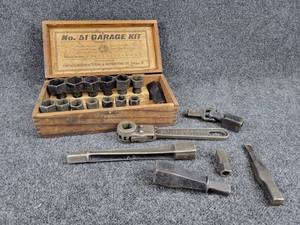 Antique Chicago Manufacturing & Distributing Co. Socket Set in Original Wood Box - Very Cool Set, looks to be complete - No. 51 Garage Kit - Overall about 11 x 5.5 x 3.5