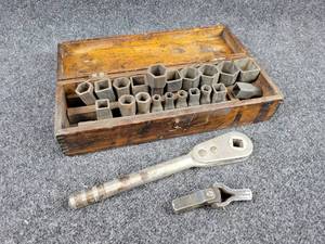 Antique Socket Set in Wood Box - Overall about 12 x 4 x 3