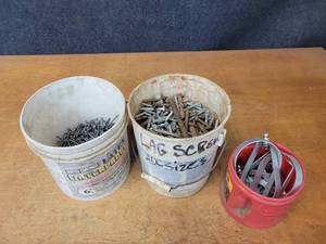 2 Gallon Bucket of Assorted Lag Screws, 2 Gallon Bucket 12 Full of Galvanized Nails and Container of Pipe Hangers