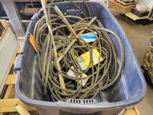 Large Tote of Fan Belts, Wood Legs, Deadbolts and More
