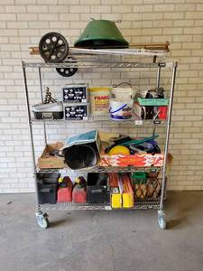 Huge Lot Battery Boxes, Fuel Cans, Towing Mirrors, Staplers, Staples, Folding Grocery Cart, Lights and More - Cart NOT Included