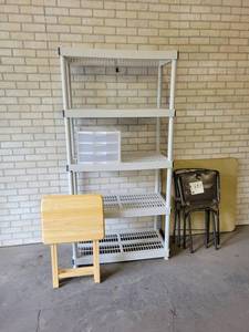 5-Tier Plastic Storage Shelf (72 x 36 x 18), Card Table w Chairs and (2) TV Trays