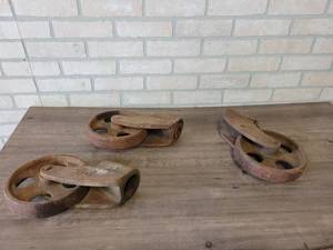 (3) Antique Cast Iron Caster Wheels - Maybe for a Nutting Cart - Wheels are 8 Diameter x 1.75 Width - 2.25 Diameter Mounting Hole on Top