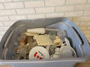 Plastic Tote w Glassware and Home Dcor