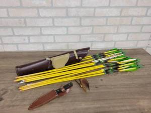 Large Lot of Wood Arrows, Quiver and Hunting Knife