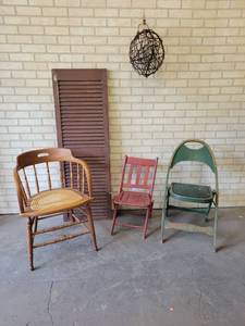 Lot of Vintage Chairs, Barbed Wire Decoration and Painted Shutter