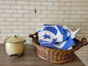 Nice Large Wood Bottom Basket (26 Diameter), Quilt and Vintage Enamel Put w Lid