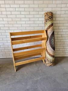Vintage Woven Rug and Wood Quilt Rack - Rack is about 30 x 9 x 34 Tall and Rug is about 76 x 48