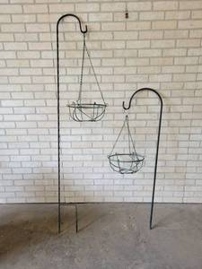 Pair of Shepherds Hooks w Metal Hanging Basket Holders - 4 and 6 Tall