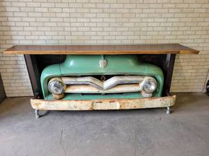 Custom Made 1950s Ford Truck Bar, Live Edge Wood Slab Bar Top - Working Headlights