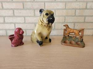 Vintage Plaster Bulldog Statue (10 Tall), Small Dog Planter and Bookend