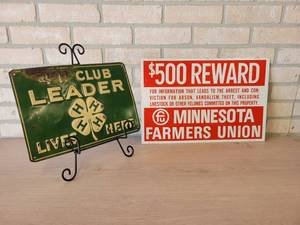 Pair of Vintage Metal Signs - 4-H Embossed (13.5 x 9.5) and Minnesota Farmers Union REWARD Sign (18 x 12)