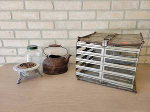 Vintage Metal Egg Crate (12 x 12 x 9), Enamel Hot Plate, Kettle and Jar