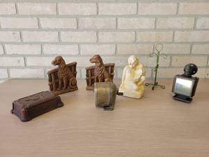 Vintage Syroco Wood Box, Chalkware Bookend, Pair of Dog Bookends, Antique Wall Lantern and Pencil Sharpener
