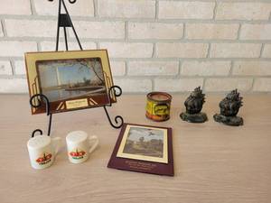Vintage Advertising - Elysian MN Produce Co., TX Trojan Seed, Bergmann Show Grease Can and Cast Iron Ship Bookends (4 Tall)