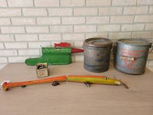 Lot of Vintage Fishing - Large Handmade Musky Lure - Carved from a Baseball Bat About 29 Long, (2) Galvanized Minnow Buckets, Koepplins Fishing Line Controller and PFLUEGER Akron No. 1893 Fishing Reel w Original Box