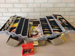 Vintage Tackle Box with LOTS of Wood and Vintage Lures and More
