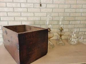 Vintage Boise Valley Apples Crate (20 x 12 x 11), (2) Glass Oil Lamps and Glass Water Pitcher