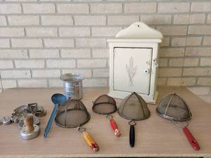 Little Wood Cabinet - Painted and Distressed (17 x 10 x 6) and Antique Kitchen Utensils