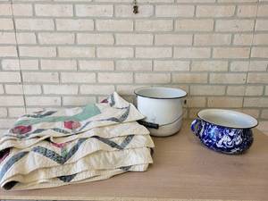 Vintage Enamel Pots and Quilt