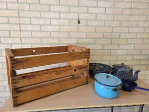 Vintage Enamelware Pots and Vintage Wood Crate (24.5 x 13.5 x 13)
