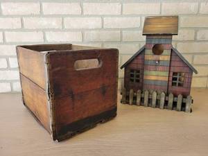 Antique Franklin CO-OP Creamery Wood Crate - 13 x 11 x 10 and Very Cool Wood Birdhouse (16 Tall)