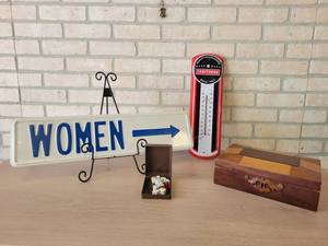 Steel Embossed WOMEN Sign (24 x 6), Craftsman Thermometer, Dice and Wood Box