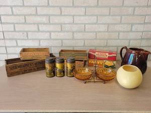 Lot of Vintage Cheese Boxes, Shoe & Harness Repair Box, Vintage Metal Spice Tins and More