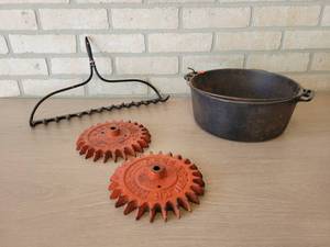 Cast Iron Pot (10 Diameter x 4 Tall), Vintage Rake Shelf and Wall Dcor
