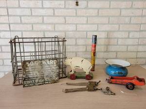 Vintage Steel Milk Crate, Reward Sign, Spittoon, Toys and More