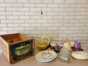 Vintage Wood Box, Pottery and More