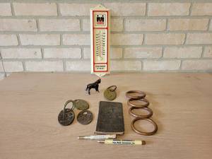 Lot of Collectible Livestock Items, Brass Tags, Bits, St. Paul Stock Yard Items and Midland Thermometer