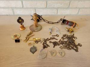 Lot of Vintage Keys, Wood Nickels, Tie Clips and More