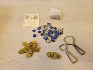 Lot of 1919 Renville MN Play Day Pins, WSS Pins, Pabst Brass Tag, New Ulm Dairy Opener, Grain Belt Opener, Wheat Pennies and Free Ride Tokens