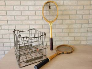 Babcock Dairy Milk Crate and (2) Vintage Wood Tennis Rackets