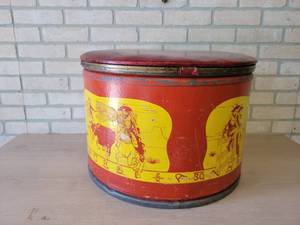 Vintage Western Theme Can, made into foot stool - 21 Diameter x 14 Tall