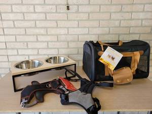 Lot of Pet Supplies - Dog Dishes, (2) Harnesses (1 Large, other is unmarked), and NEW Softside Pet Carrier - Up to 22 LBS