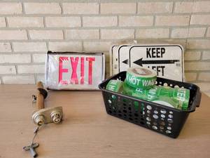 Lot of Commercial Supplies - Plumbing, HOT Water Caution Tape, (5) Keep Left Signs and Exit Sign