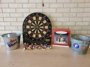 California Raisins, Electronic Dartboard (Missing battery cover), Hallmark Set of 5 Beatles Ornaments and Beer Buckets