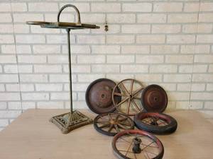 Antique Buggy Wheels and Cast Iron Fireplace Tool Holder