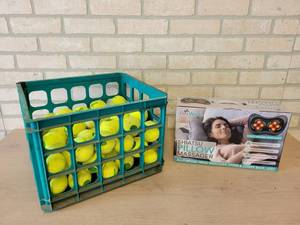 Crate of Tennis Balls and Shiatsu Massager